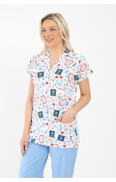 Likralı Cerrahi, Doktor, Hemşire, Veteriner, Dişçi, Desenli, Renkli Forma Tek Üst Scrubs Medikal