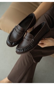 Selin Shoes Lurein Büzgülü Hafif Kalın Topuk Kadın Loafer- Kahverengi