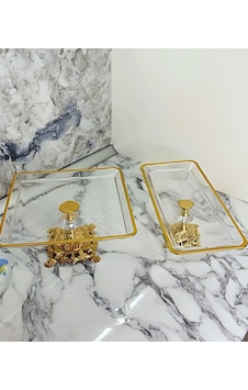 Assa Bazaar 2 Parça Gold Pasta Sunumluk / Kurabiyelik Seti Metal Ayak Şık Tasarım Altın