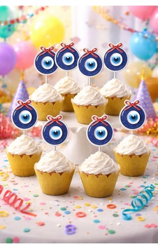 Nazar Boncuğu Kek Kürdanı 16 Adet Mavi Nazar Pasta Süsü Cupcake Topper Parti
