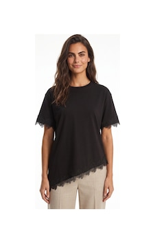 Onloox Kadın Siyah Siyah Pamuklu Bisiklet Yaka Oversize Kısa Kollu Dantel Detaylı Asimetrik Kesim T-shirt Onloox Kadın Siyah Siyah Pamuklu Bisiklet Yaka Oversize Kısa Kollu Dantel Detaylı Asimetrik Kesim T-shirt