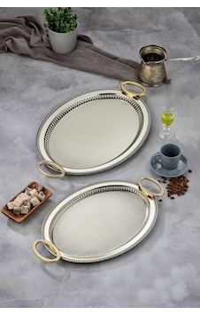 Cooker Ckr3907 Gold Kulplu Gümüş Oval Tepsi 2'li Cooker Ckr3907 Gold Kulplu Gümüş Oval Tepsi 2'li