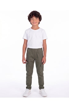Onloox Erkek Haki Yeşil Erkek Çocuk Haki Yeşil Gabardin Dar Paça Regular Kesim Kargo Cepli Beli Lastikli Pantolon 7-9 Yaş