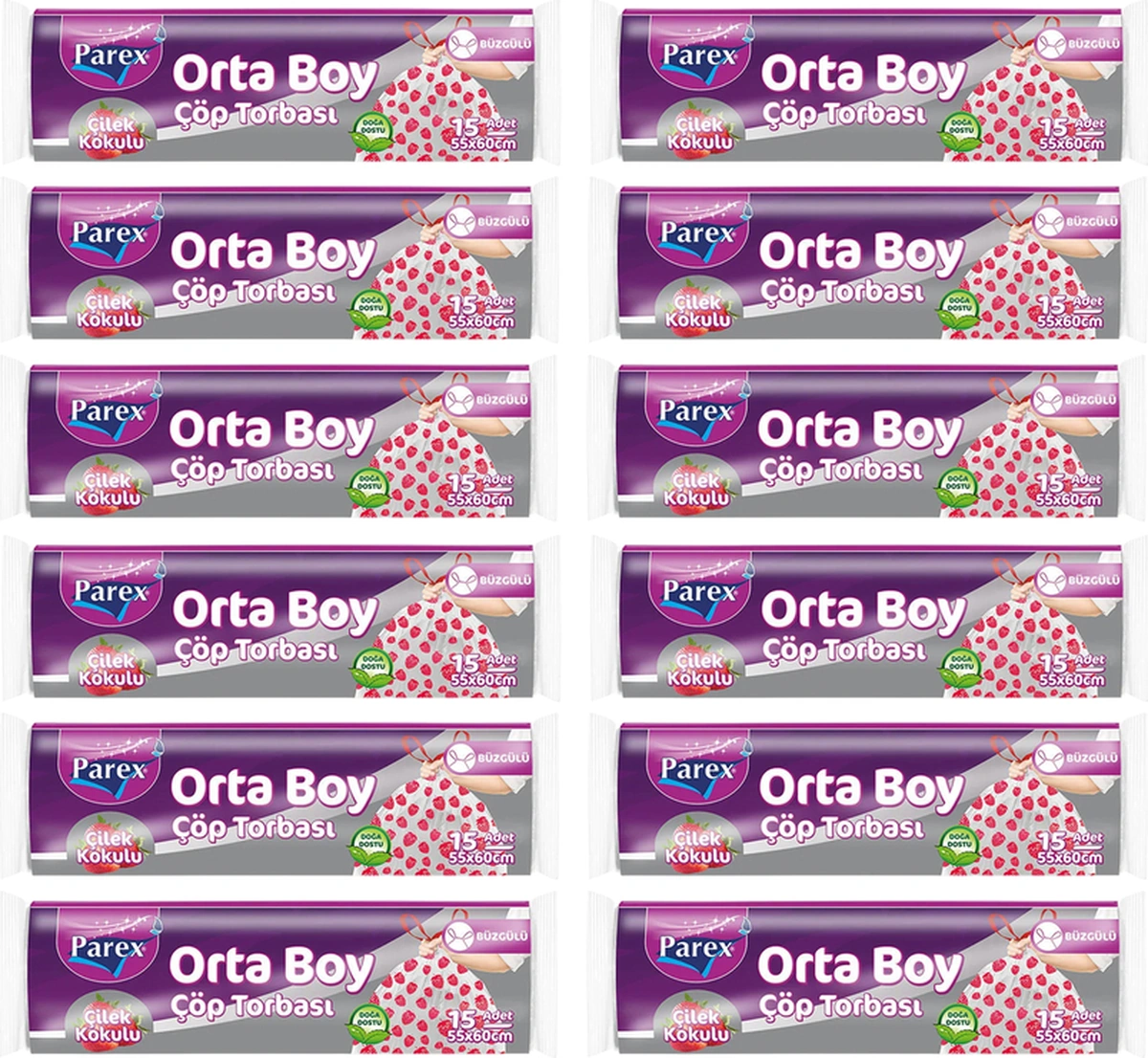 Premium Büzgülü Çöp Torbası Çilek Kokulu Orta Boy 15'li 55 X 60 Cm Onikili Paket