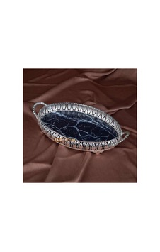 Gümüş Renk Oval Metal Mermer Desen Metal Servis - Söz Tepsisi