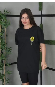 Periliçekeçe Unisex Bisiklet Yaka Baskılı Oversize T-shirt - Siyah Periliçekeçe Unisex Bisiklet Yaka Baskılı Oversize T-shirt - Siyah