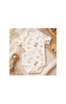 Cantaz Unisex Bebek Safari Hayvan Desenli %100 Pamuk Kısa Kollu Çıtçıtlı Body Zıbın Krem