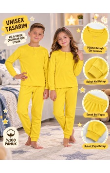 Elmas Kids Elmp Fitilli Kumaş Sarı %100 Pamuk Unisex Çocuk Pijama Takımı 1-9 Yaş 3021-4024 Renkli