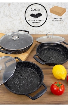 Esivitalia 6'lı Granit Sahan Seti Cam Kapaklı Döküm Siyah 18-20-22 Cm Esivitalia 6'lı Granit Sahan Seti Cam Kapaklı Döküm Siyah 18-20-22 Cm