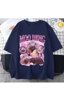 Flood Of Style Tayland Yılında Moo Deng Bouncy Domuz Bebek Komik Meme T-shirt Erkekler Kadınlar Kawaii T-shi Lacivert