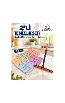 2'li Temizlik Seti - 180 Döner Başlıklı Cam & Tezgah Çekçeği + 5'li Mikrofiber Temizlik Bezi 30x30 Cm
