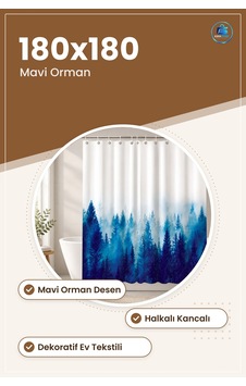 Banyo Perdesi Mavi Orman Desenli Dekoratif Halkalı Kancalı Duş Ev Çok Renkli