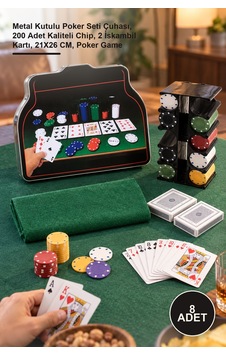 8 Adet Poker Oyunu Metal Kutulu Poker Seti Çuhası, 200 Adet Kaliteli Chip, 2 İskambil Kartı, 21x26 Cm, Poker Game 8 Adet Poker Oyunu Metal Kutulu Poker Seti Çuhası, 200 Adet Kaliteli Chip, 2 İskambil Kartı, 21x26 Cm, Poker Game