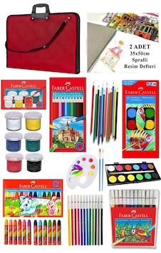 Öğrenci Boyama Seti 11 Parça 1 Paket 35x50 Resim Çantası Resim Defter Faber Sulu Boya Kuru Boya Pastel Boya Keçeli Kalem 001