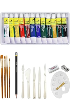 Fanart Academy Yağlı Boya Seti 12x12ml Daler Rowney 4'lü Fırça Seti Plastik Spatül Dereceli Kalem