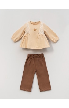 Bellamio Kids Ayçiçek Nakışlı Robalı Kız Bebek Alt Üst Takım Bej Bellamio Kids Ayçiçek Nakışlı Robalı Kız Bebek Alt Üst Takım Bej