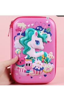 Unicorn Fuşya Pembe Cupcake 3d Dikdörtgen Büyük Kapasiteli Kız Çocuk Kalem Kutu Pembe