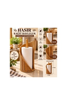 Rattan Kâğıt Havluluk Standlı Bambu Direkli Mutfak Kâğıt Havlu Tutacağı Dekoratif Havluluk Bej Bej