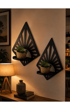 2'li Set Boho Duvar Rafı Siyah Mdf Lazer Kesim Dekoratif Çiçeklik 23,5x31 Cm