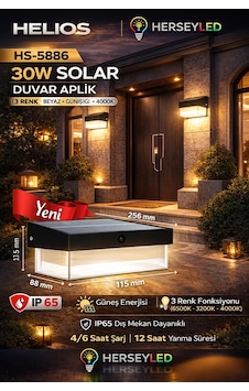 Helios Hs-5886 30w Solar Duvar Aplik 3 Renk - Beyaz + Günışığı + 4000k