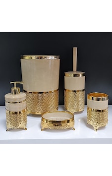 5 Parça Yuvarlak Akrilik Ferforje Kafes Banyo Seti Krem Mermer Gold Krem