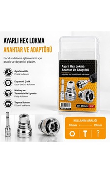 Ayarlı Hex Lokma Anahtar + Matkap Adaptörü 10-19mm 3/8" İnç Ayarlı Hex Lokma Anahtar + Matkap Adaptörü 10-19mm 3/8" İnç