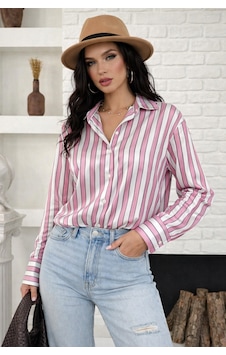 Ribana Classic Kadın Çizgili Saten Kumaş Klasik Yaka, Önü Düğmeli Uzun Kollu, Manşet Bitişli Gömlek 3971 Pembe