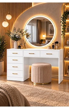 Dokunmatik Led Aydınlatmalı Aynalı Makyaj Masası, Lumera Çekmeceli Şifonyer - Beyaz Dokunmatik Led Aydınlatmalı Aynalı Makyaj Masası, Lumera Çekmeceli Şifonyer - Beyaz