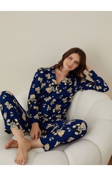 Lukitus Gömlek Yaka Ayıcık Desen Süet Kadın Pijama Takımı Luksüetl Mavi Lukitus Gömlek Yaka Ayıcık Desen Süet Kadın Pijama Takımı Luksüetl Mavi