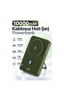 Exenar - Yeşil - 10000mah Standlı Pd20w Type-c - Usb-a Scp22.5w - 15w Kablosuz Hızlı Şarj Led Göstergeli Powerbank Haki Yeşil Exenar - Yeşil - 10000mah Standlı Pd20w Type-c - Usb-a Scp22.5w - 15w Kablosuz Hızlı Şarj Led Göstergeli Powerbank Haki Yeşil