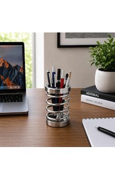 Metal Spiral Kalemlik, Paslanmaz Çelik Yay Tasarımlı Masaüstü Kalemlik, Gümüş Ofis Kalem Tutucu, Modern Masa Düzenleyici Organizer, 12 Cm Beyaz - Çok Renkli