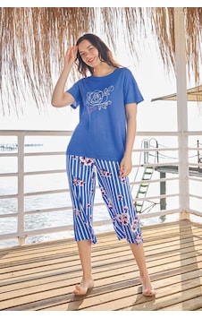 Aydoğan Kadın Kısa Kol Yazlık Kapri Pijama Takımı Saks Mavi
