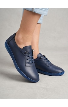 Beren Hakiki Deri Lacivert Kadın Yürüyüş Ayakkabı Ortopedik Taban Düz Esnek Bağcıklı Comfort Sneaker
