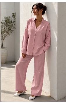 Madmext Pembe V Yaka Çizgili Gömlek Pantolon Takım Mg2852 Madmext Pembe V Yaka Çizgili Gömlek Pantolon Takım Mg2852