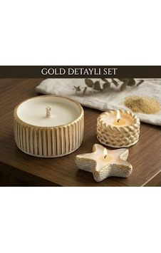 Dekoratif Taş 3'lü Set Amber Sandal Ve Gül Kokulu Mumluk Ve Mum Gold Dekoratif Taş 3'lü Set Amber Sandal Ve Gül Kokulu Mumluk Ve Mum Gold
