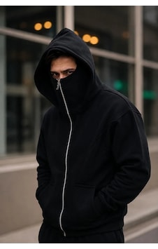 Tarzyeri Erkek Maskeli Ninja Model Çift Kapüşonlu 3 İplik Şardonlu Fermuarlı Sweatshirt - Siyah Tarzyeri Erkek Maskeli Ninja Model Çift Kapüşonlu 3 İplik Şardonlu Fermuarlı Sweatshirt - Siyah
