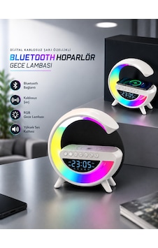 Bluetooth Hoparlör 15w Kablosuz Hızlı Şarj Led Gece Lambası Altın - Beyaz