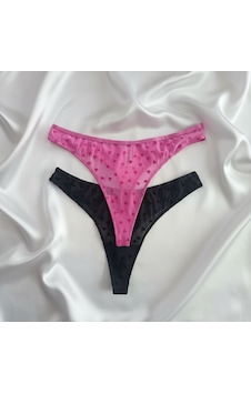 Bonbon Kadın Transparan Kalp Figürlü 2'li Paket String Bb2177 Fuşya - Siyah