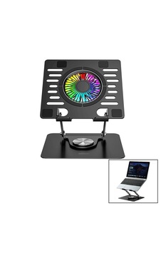 Katlanabilir Laptop Stand Metal - Soğutucu Fan Rgb Işıklı 360 Dönebilen Fan 2 Usb Soket