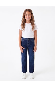 Onloox Kız Çocuk Koyu Mavi Kız Çocuk Koyu Mavi Denim Boru Paça Regular Kesim Yanı Güpür Detaylı Jean Pantolon 3-7 Yaş