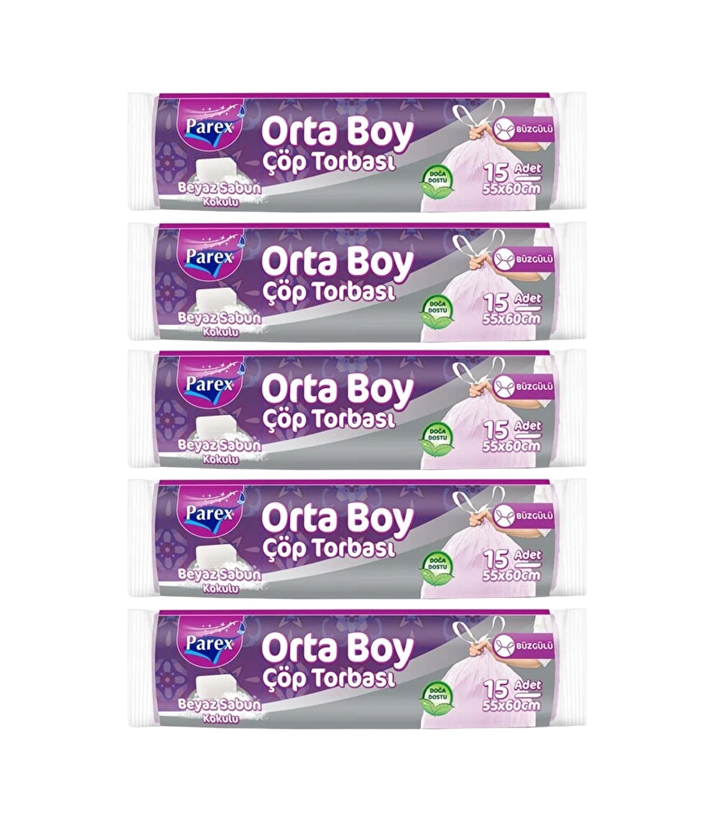 Büzgülü 15'li Çöp Torbası Beyaz Sabun Kokulu Orta Boy 55 X 60 Cm Beşli Paket Büzgülü 15'li Çöp Torbası Beyaz Sabun Kokulu Orta Boy 55 X 60 Cm Beşli Paket