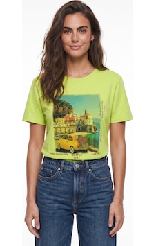 Onloox Kadın Fıstık Yeşili Fıstık Yeşili Pamuklu Bisiklet Yaka Kısa Kollu Italy Temalı Baskılı Premium Tasarım T-shirt