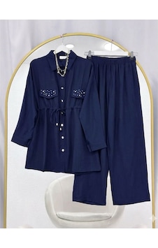 Lovie Moda Kapak Taşlı Jakar Pantolonlu İkili Takım Lacivert Lovie Moda Kapak Taşlı Jakar Pantolonlu İkili Takım Lacivert