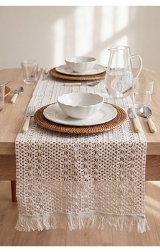 Krem Popillon Pamuklu Püsküllü Runner 35x145 Cm