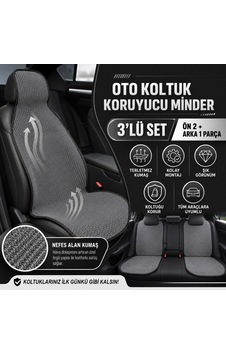 Oto Koltuk Koruyucu Minder 3 Lü Set Terletmez Kumaş Ön 2 Arka 1 Parça Siyah-Gri - Klmny55-F