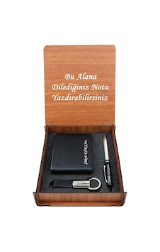 Matraş Isme Kişiye Özel Ahşap Kutulu Deri Cüzdan Anahtarlık Ve Kalem Set