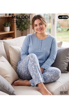 Melodi 17170 Uzun Kol %100 Pamuk Battal Büyük Beden Kadın Pijama Takımı Mavi Melodi 17170 Uzun Kol %100 Pamuk Battal Büyük Beden Kadın Pijama Takımı Mavi