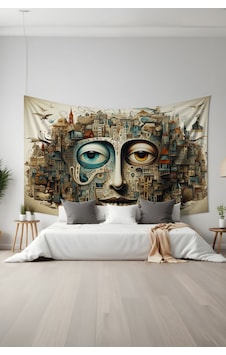 Sürreal Yüz Desenli Duvar Halısı Duvar Örtüsü Tapestry Süet Dokulu Kumaş
