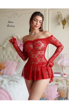 İntive Lingerie Intive Fantasy Kırmızı Dantelli Degaje Yaka Volan Etekli Asimetri