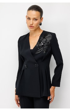 Moda İlgi Kadın Çiçek Desen Boncuk Aplikeli Kruvaze Ceket Siyah Moda İlgi Kadın Çiçek Desen Boncuk Aplikeli Kruvaze Ceket Siyah